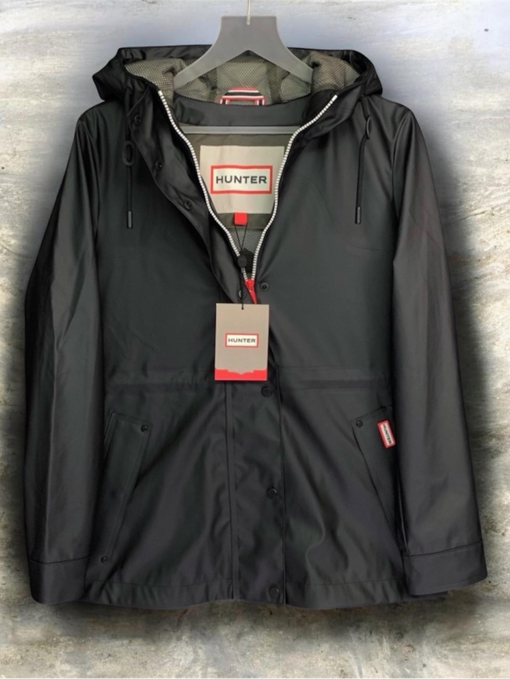 HUNTER Abbey Rubberized Waterproof Rain Jacket Trench Coat w/ Hood Large NWT